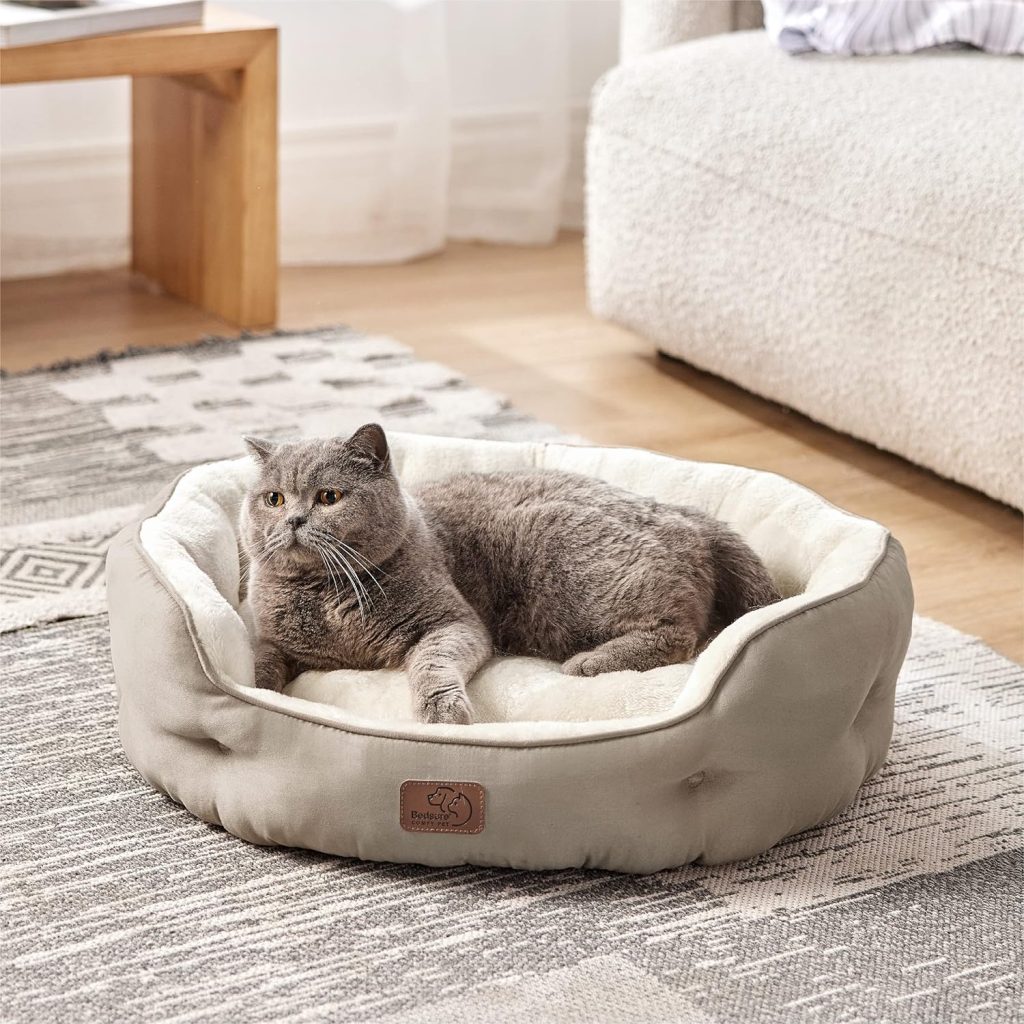 Bedsure Dog Beds for Small Dogs - Round Cat Beds for Indoor Cats, Washable Pet Bed for Puppy and Kitten with Slip-Resistant Bottom, 20 Inches, Taupe