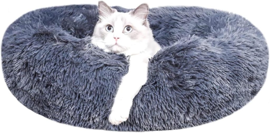 Calming Dog Bed for Small Dogs  Cat Bed - 20 Donut Washable Small Pet Bed, Dark Grey Anti Anxiety Round Fluffy Plush Faux Fur Large Cat Bed