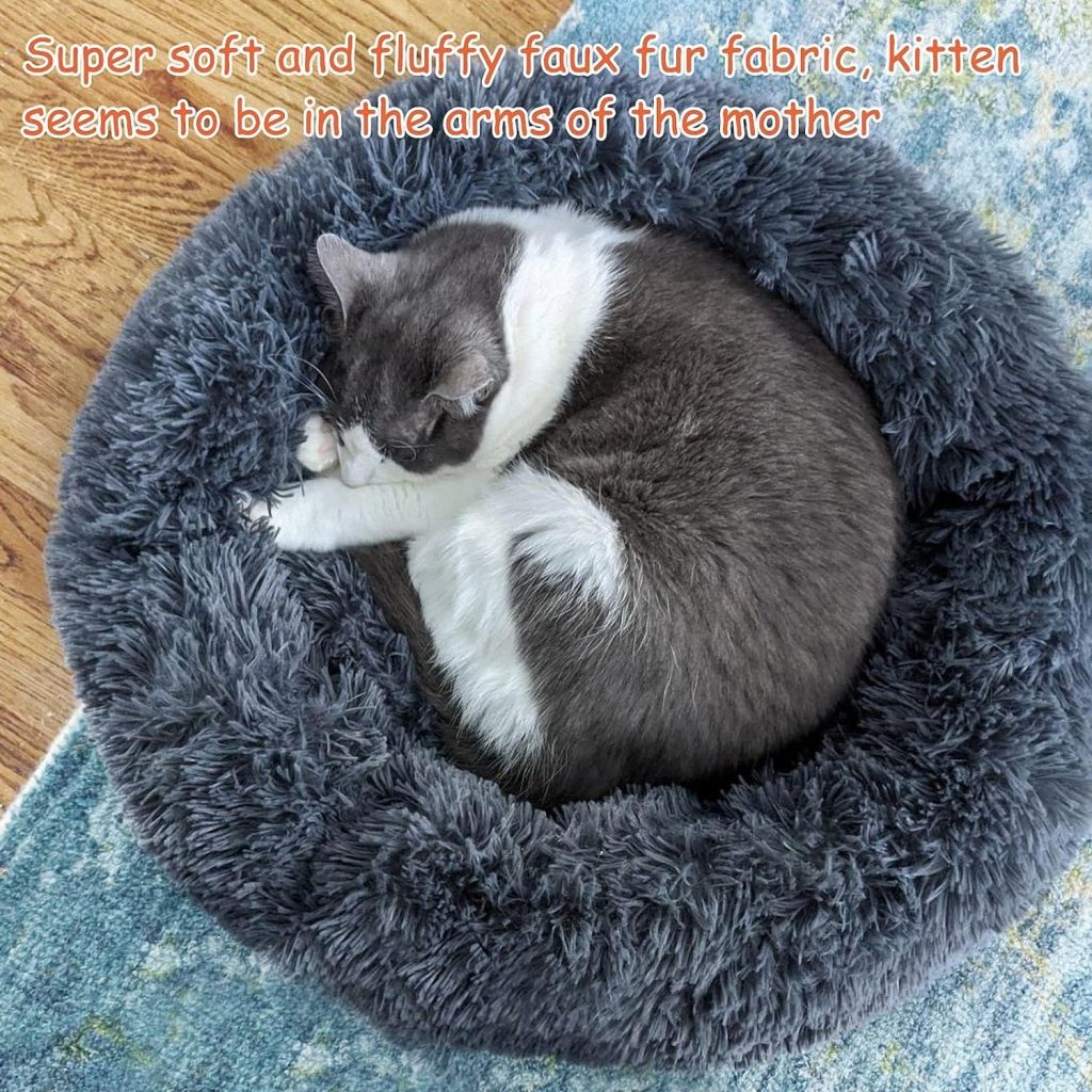 Calming Dog Bed for Small Dogs  Cat Bed - 20 Donut Washable Small Pet Bed, Dark Grey Anti Anxiety Round Fluffy Plush Faux Fur Large Cat Bed