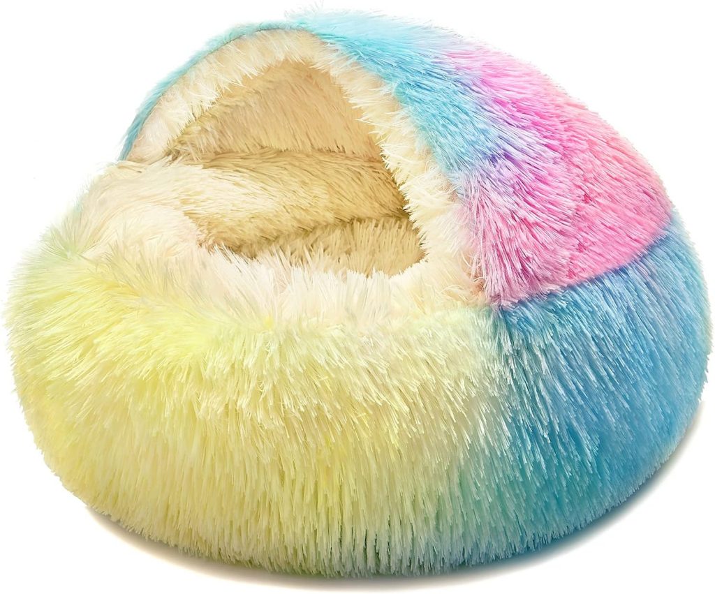 KWEWIK Cat Bed Round Soft Plush Burrowing Cave Hooded Cat Bed Donut for Dogs  Cats, Faux Fur Cuddler Round Comfortable Self Warming pet Bed, Machine Washable, Waterproof Bottom, Small, Rainbow