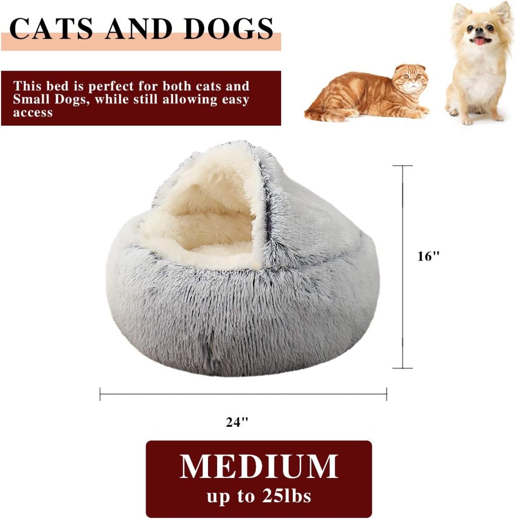 KWEWIK Cat Bed Round Soft Plush Burrowing Cave Hooded Cat Bed Donut for Dogs  Cats, Faux Fur Cuddler Round Comfortable Self Warming pet Bed, Machine Washable, Waterproof Bottom, Small, Rainbow