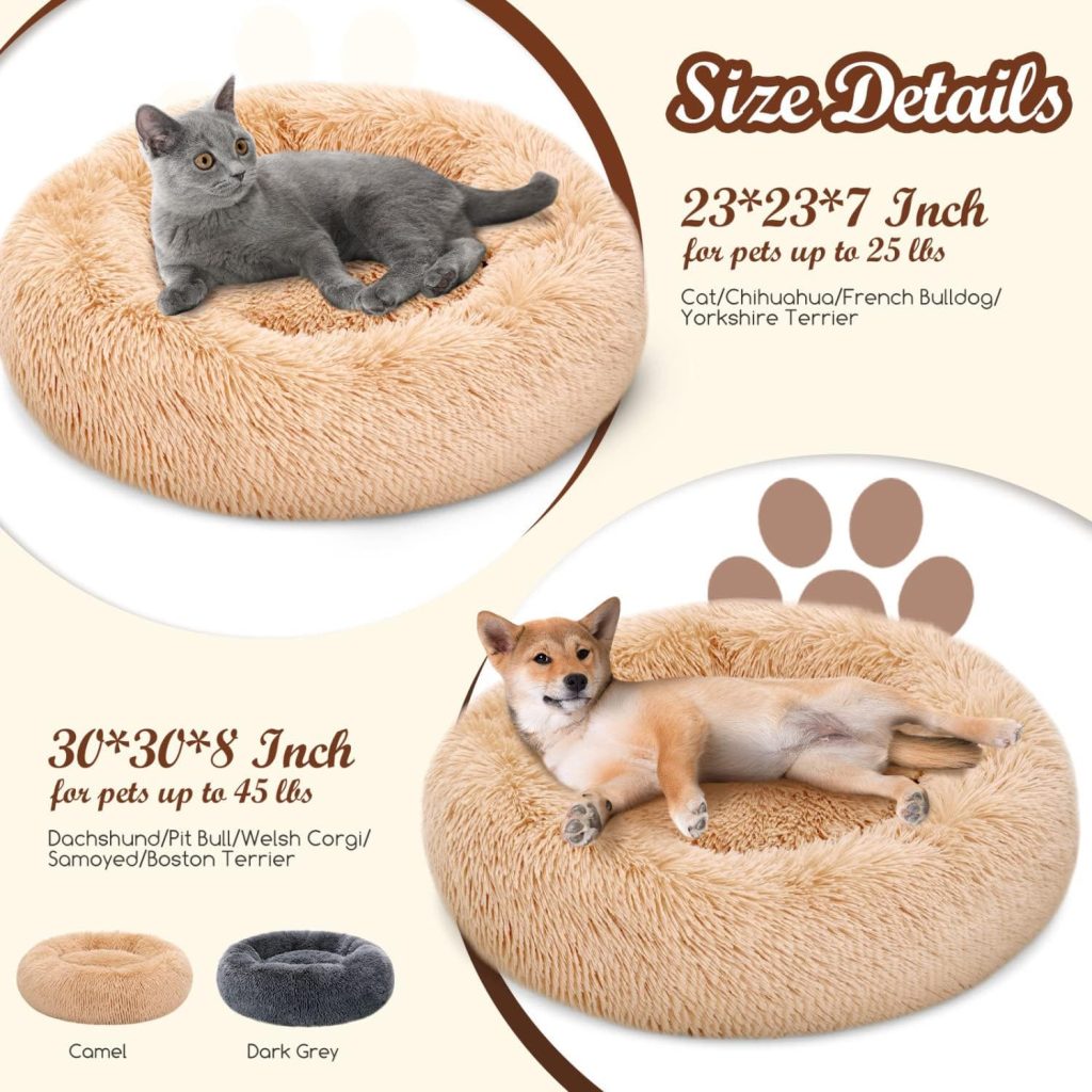 Nobleza Dog Beds for Small Dogs, Washable Soft Round Fluffy Donut Self Warming Cat Bed, Anti-Anxiety Cuddler Dog Calming Bed for Indoor Snoozer  Snuggle, 23 x 23 x 7, Dark Grey