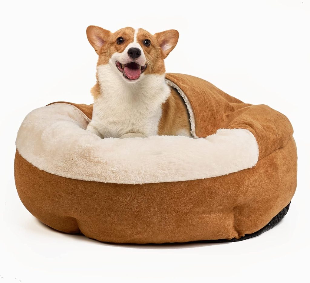 ShinHye Small Dog Bed, Round -Cover Dog Cave Bed Squishmallow Anti-Anxiety Burrow Cat Bed with Hooded Blanket,Cozy Puppy Bed Machine Washable (23 * 23 * 6 in, Yellow)