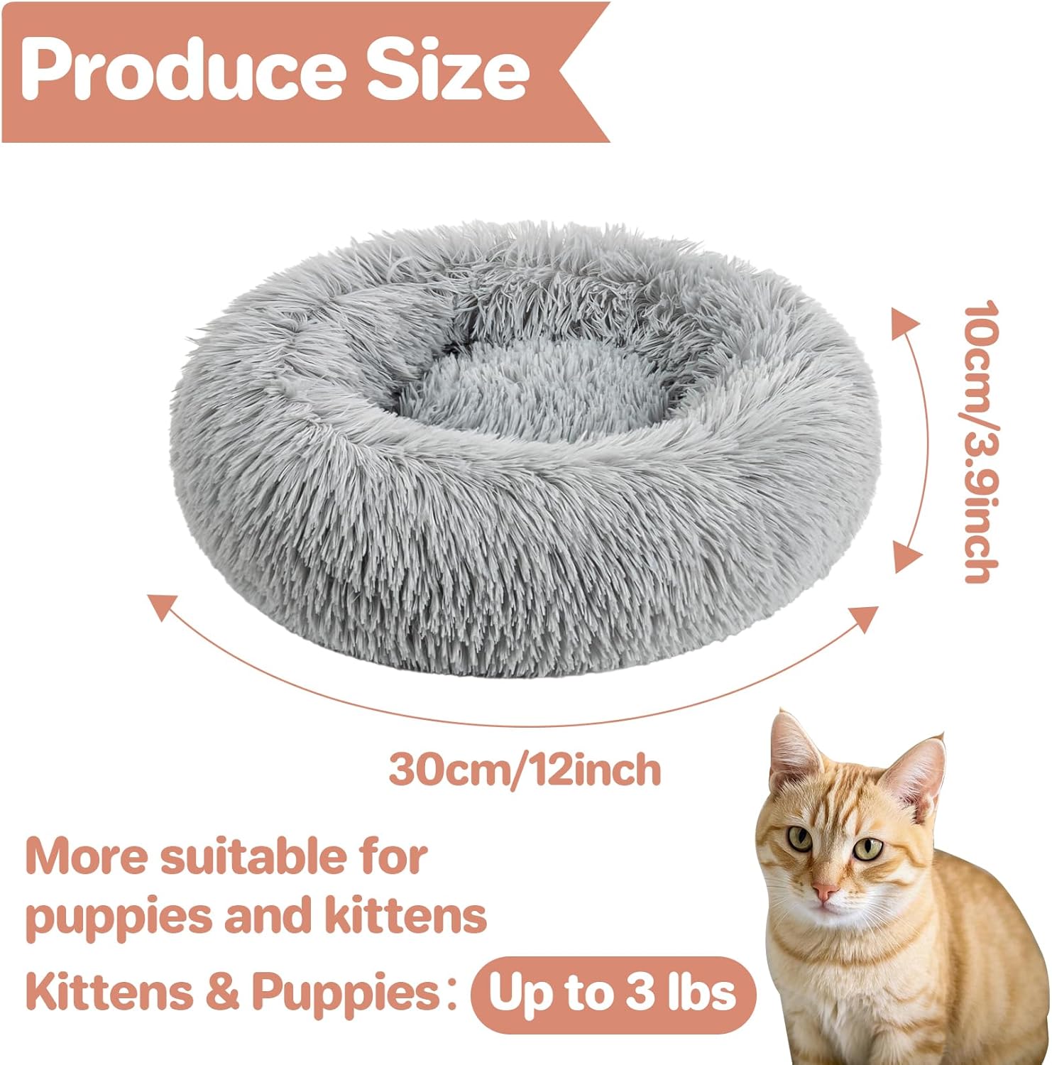 Cat Bed - Calming Cat Bed for Small Kittens Donut Washable Round for Indoor Kittens and Puppies, Anti-Slip Round Fluffy Plush Faux Fur, Small, Light Grey