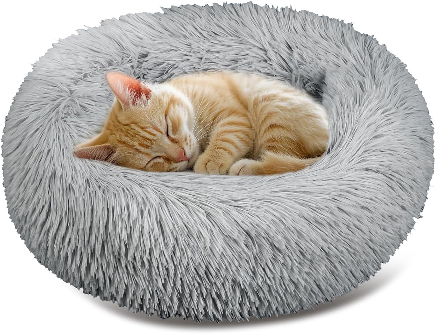 Cat Bed - Calming Cat Bed for Small Kittens Donut Washable Round for Indoor Kittens and Puppies, Anti-Slip Round Fluffy Plush Faux Fur, Small, Light Grey
