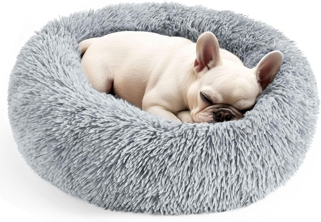 Hoewina Dog  Cat Bed for Indoor Cats, 20in Calming Donut Bed for Puppy and Kitten, Washable Round Fluffy Pet Bed for Small Medium Dogs and Cats (Light Grey)