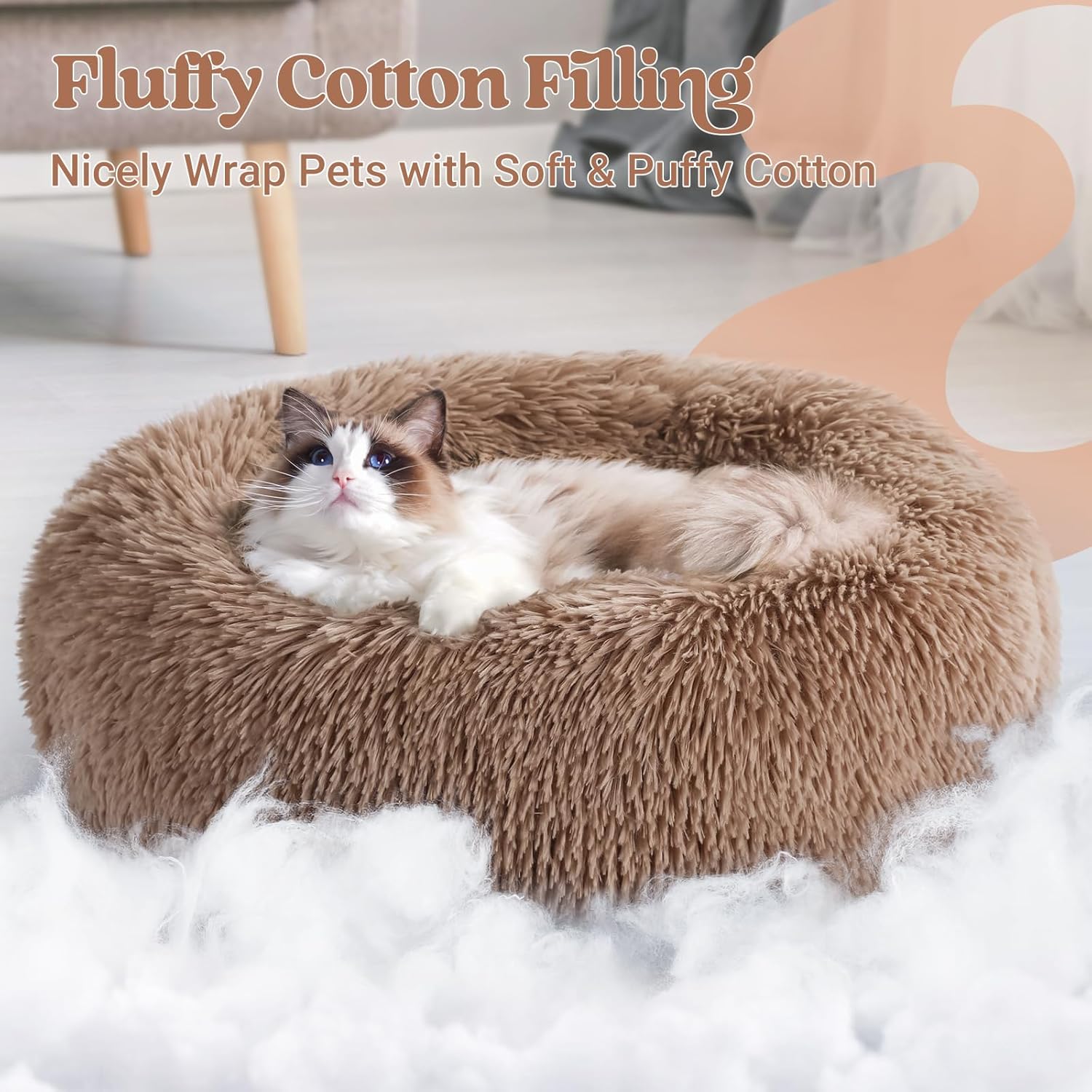 rabbitgoo Cat Beds for Indoor Cats, 20 inches Cat Bed Machine Washable, Fluffy Round Pet Bed Non-Slip, Calming Soft Plush Donut Cuddler Cushion Self Warming for Small Dogs Kittens, Dark Grey, Medium