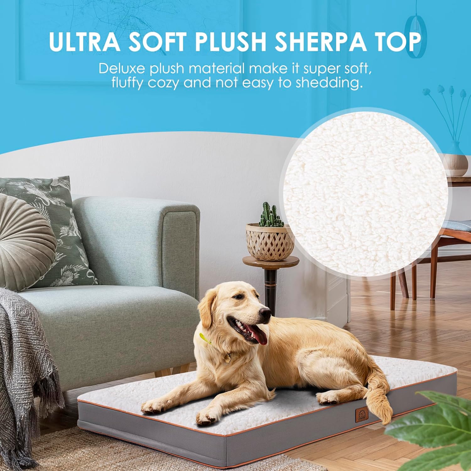 Sunheir Orthopedic Dog Bed for Large Dogs - Big Waterproof Dog Crate Bed with Removable Washable Cover, Egg Crate Foam Support, Anti-Slip Bottom, Deluxe Plush Pet Bed Mat (Grey)