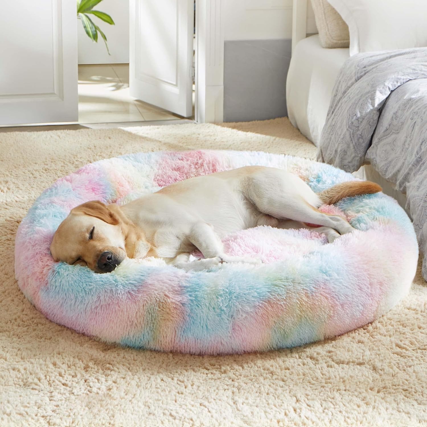 WESTERN HOME WH Calming Soft Round Dog  Cat Bed, Anti-Anxiety Donut Cuddler Warming Cozy Fluffy Faux Fur Plush Cushion Bed for Small Medium Dogs and Cats (20/24/27/30), Light Grey