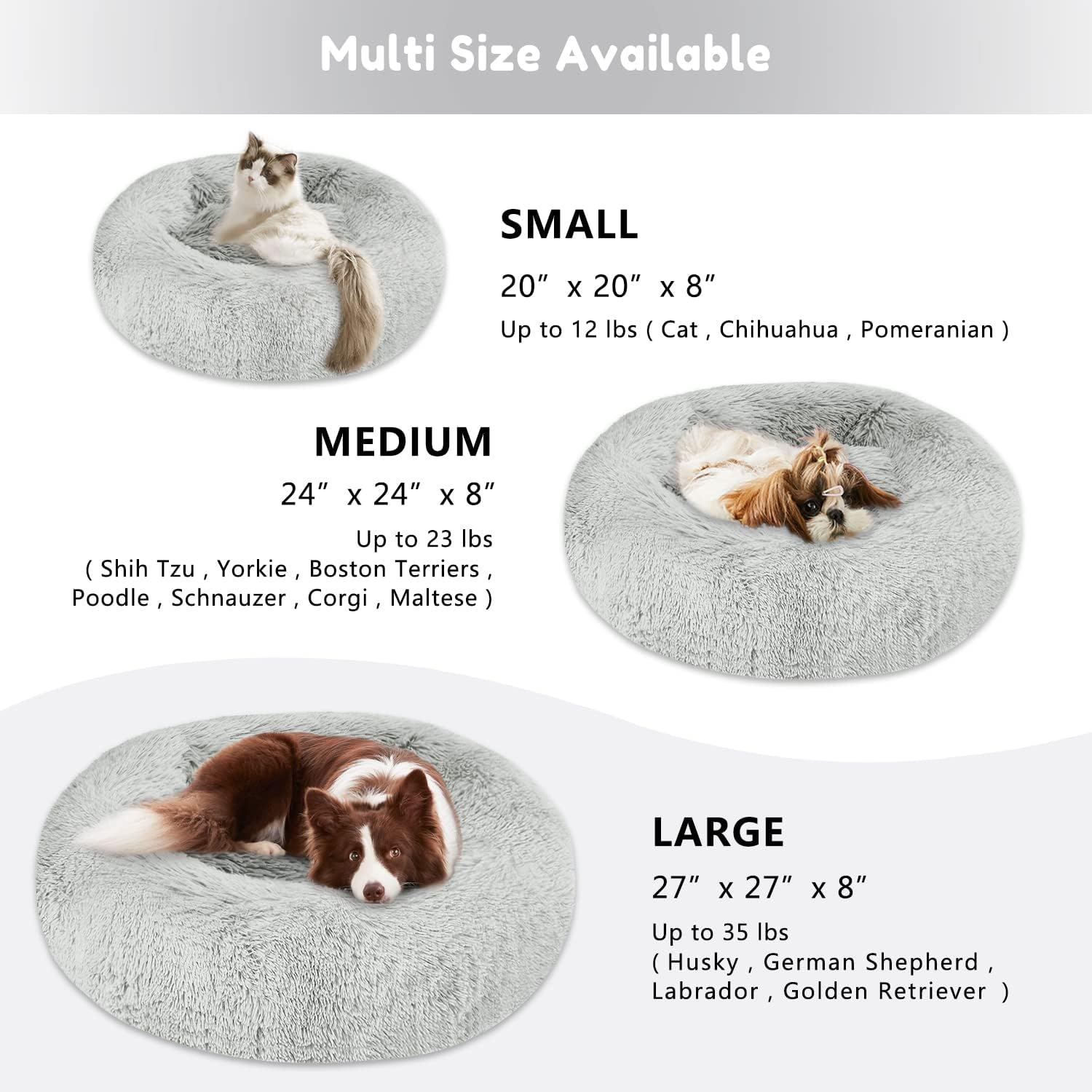 WESTERN HOME WH Calming Soft Round Dog  Cat Bed, Anti-Anxiety Donut Cuddler Warming Cozy Fluffy Faux Fur Plush Cushion Bed for Small Medium Dogs and Cats (20/24/27/30), Light Grey