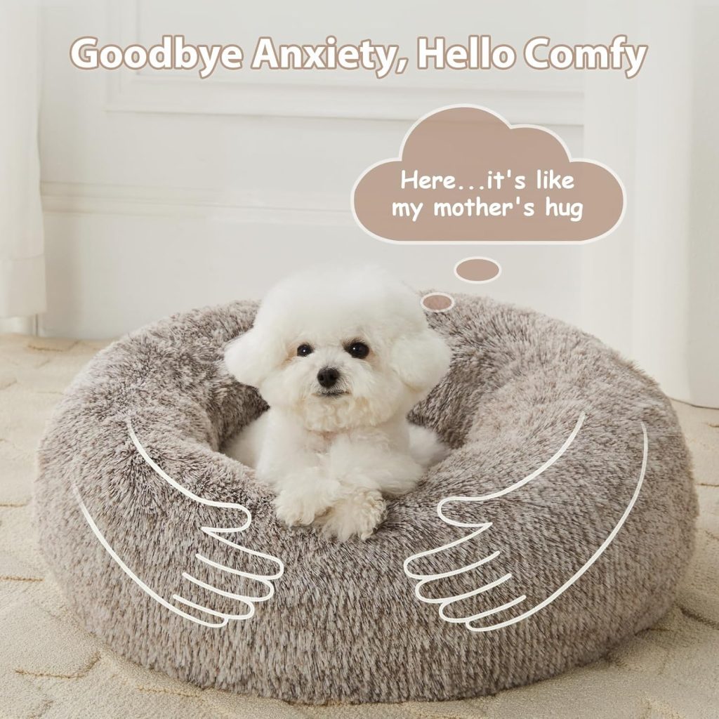 WNPETHOME Calming Dog Bed Cat Bed Donut, Faux Fur Pet Bed Self-Warming Donut Cuddler, Comfortable Round Plush Dog Beds (20 x 20 x 8 Inch, Light Pink)