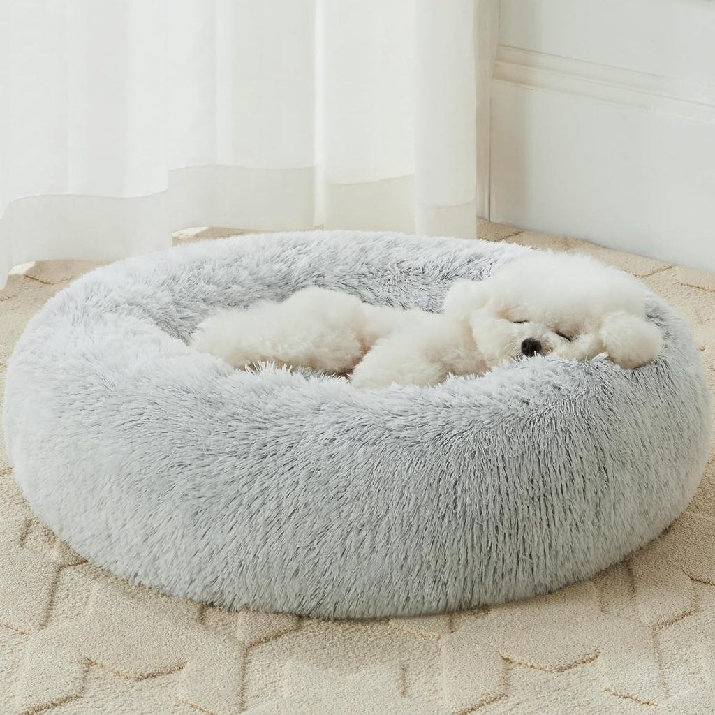 WNPETHOME Calming Dog Bed Cat Bed Donut, Faux Fur Pet Bed Self-Warming Donut Cuddler, Comfortable Round Plush Dog Beds (20 x 20 x 8 Inch, Light Pink)