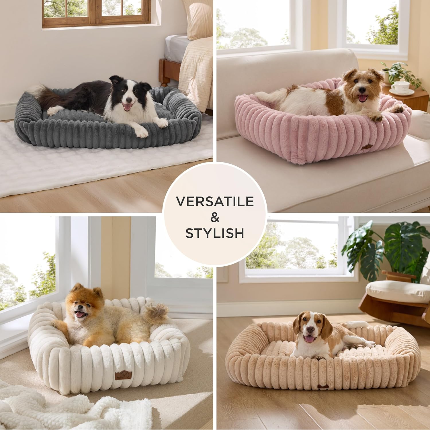 Bedsure Cute Dog Bed for Small Medium Dogs - Washable Furry Puppy Beds, Rectangle Orthopedic Corduroy Fleece Pet Beds with Removable Zipper Cover, 25x21x7inches, Cream