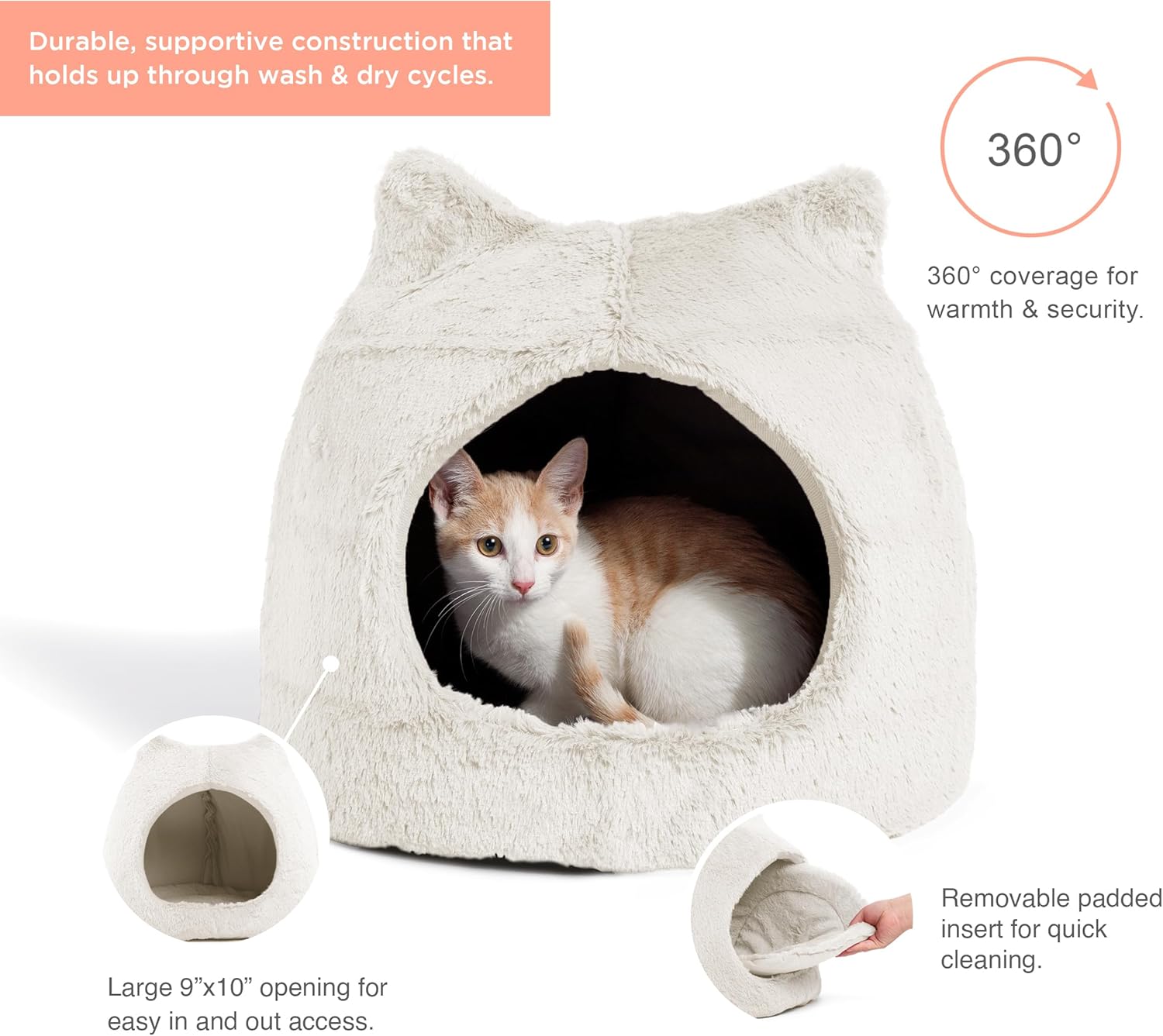 Best Friends by Sheri Meow Hut Fur Dome Pet Bed – Covered Cat Cave for Cats  Small Dogs up to 15 lbs, Faux Fur Hideaway with Water-Resistant Bottom, Machine Washable, Ivory