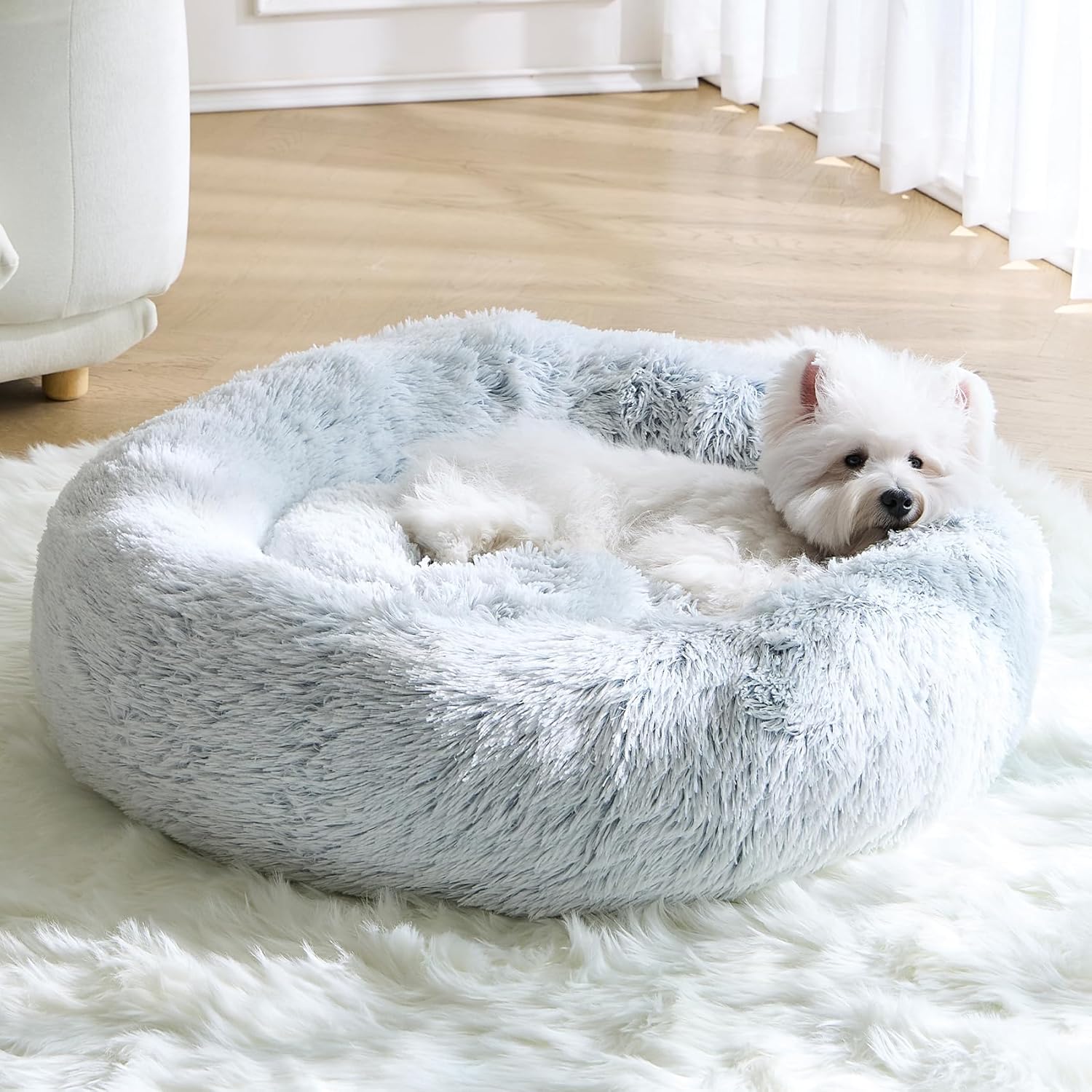 Calming Small Dog Bed, Donut Fluffy Anti-Anxiety Round Washable Cute Bed, Plush Cozy Cuddler Warming Soft Comfort Pet Bed for Small Medium Dogs Cats, 20inch,Light Grey White