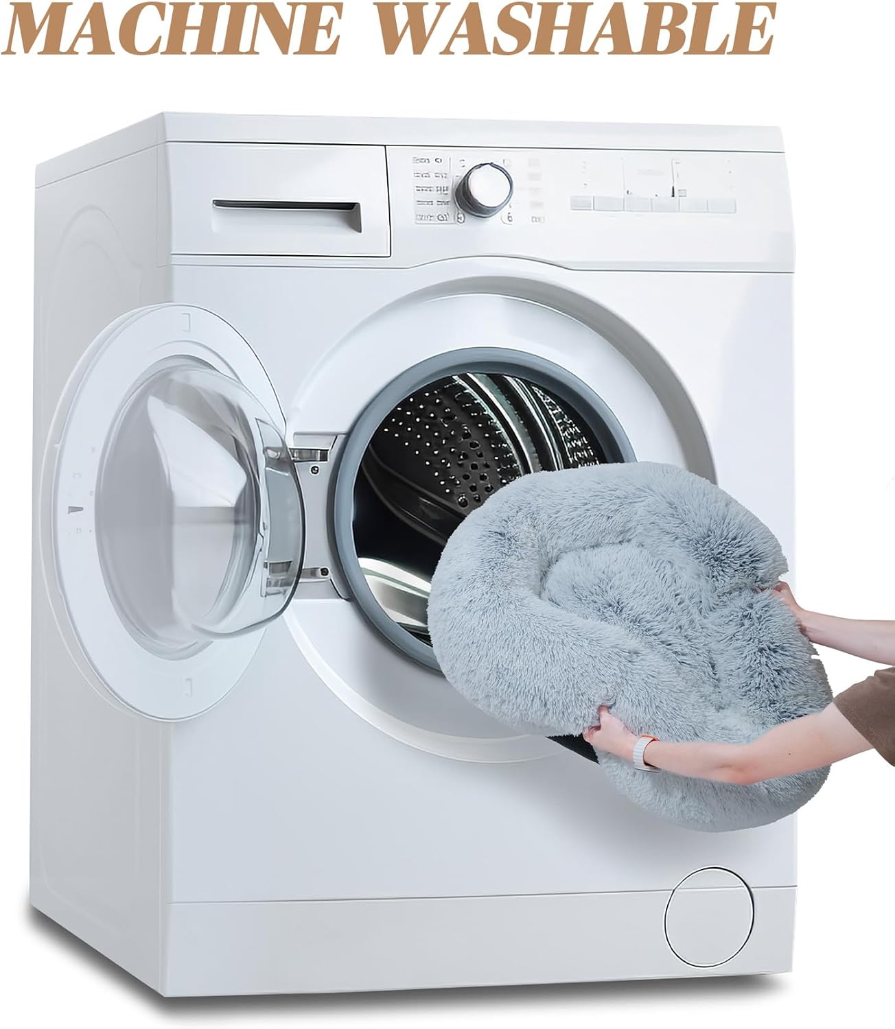 Calming Small Dog Bed, Donut Fluffy Anti-Anxiety Round Washable Cute Bed, Plush Cozy Cuddler Warming Soft Comfort Pet Bed for Small Medium Dogs Cats, 20inch,Light Grey White