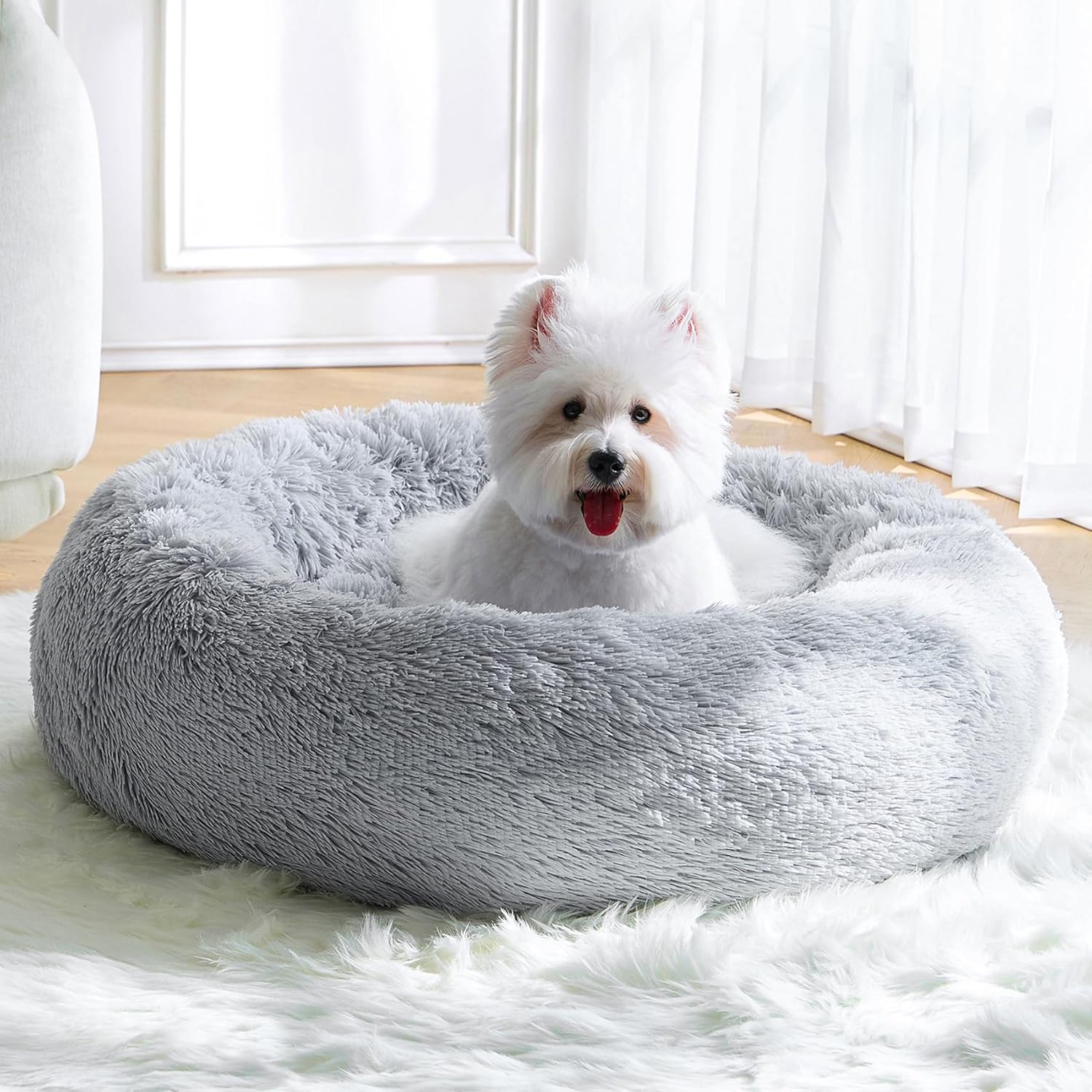 Calming Small Dog Bed, Donut Fluffy Anti-Anxiety Round Washable Cute Bed, Plush Cozy Cuddler Warming Soft Comfort Pet Bed for Small Medium Dogs Cats, 20inch,Light Grey White