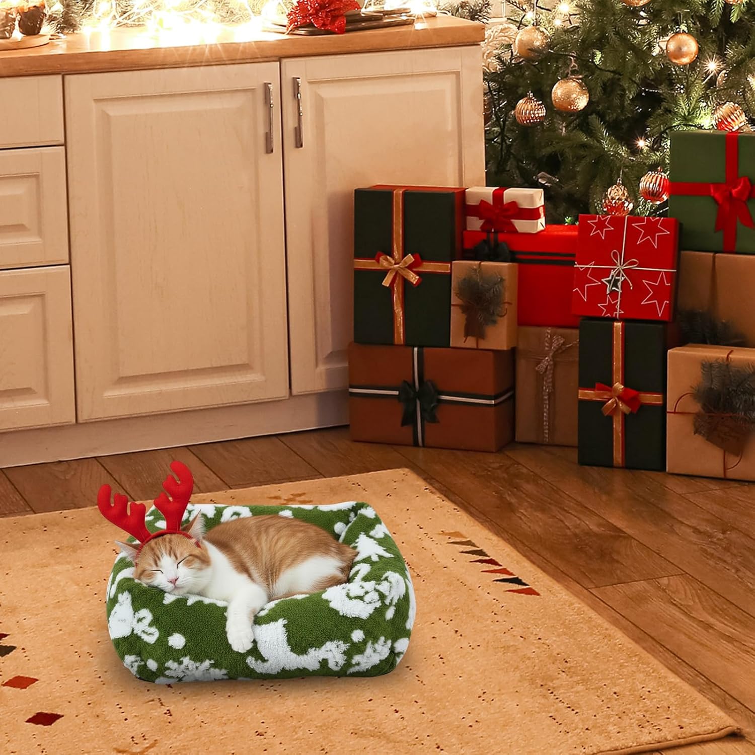 Christmas Dog Beds for Small Dogs 20x19x6 Washable Non Slip Soft Rectangle Cat Beds for Indoor Cats Pets with Removable Zipper Cover Non Slip Bottom