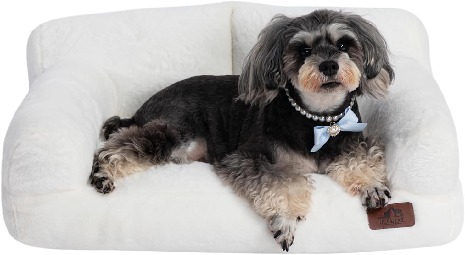 Hollypet Fluffy Plush Pet Cat Couch Soft Calming Pet Sofa Beds for Medium Small Cats and Dogs, White Hollypet Fluffy Plush Pet Cat Couch Soft Calming Pet Sofa Beds for Medium Small Cats and Dogs, White