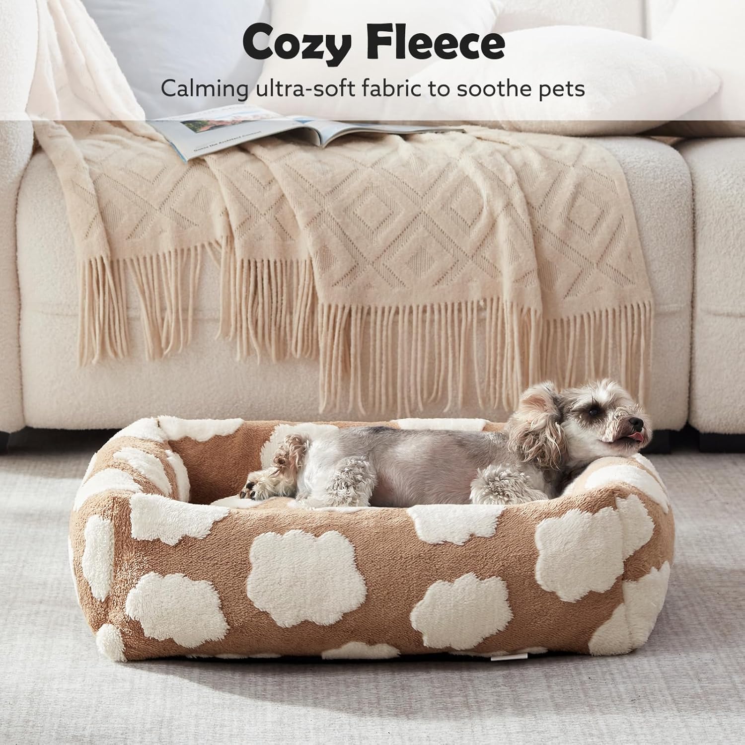 JOEJOY Small Dog Bed for Small Dogs, Rectangle Washable Orthopedic Dog Bed with Removable Zipper Cover, Cute Soft Calming Puppy Pet Bed with Jacquard Shaggy Plush  Non Skid Bottom