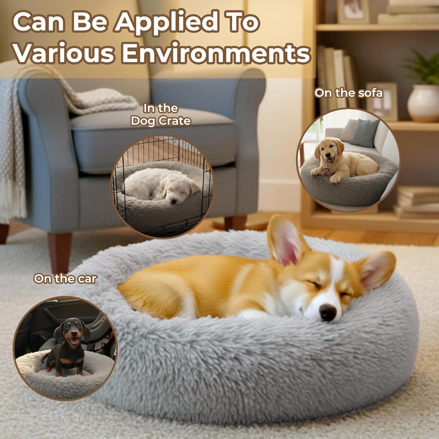 Calming Anti-Anxiety Donuts Dog And Cat Bed, Round Fluffy Soft Washable Small Medium Pet Bed For Puppy And Kitten, Cuddler Warming Comfortable Cushion, Luxury Anti-Slip Waterproof Mute Base 20in Gray