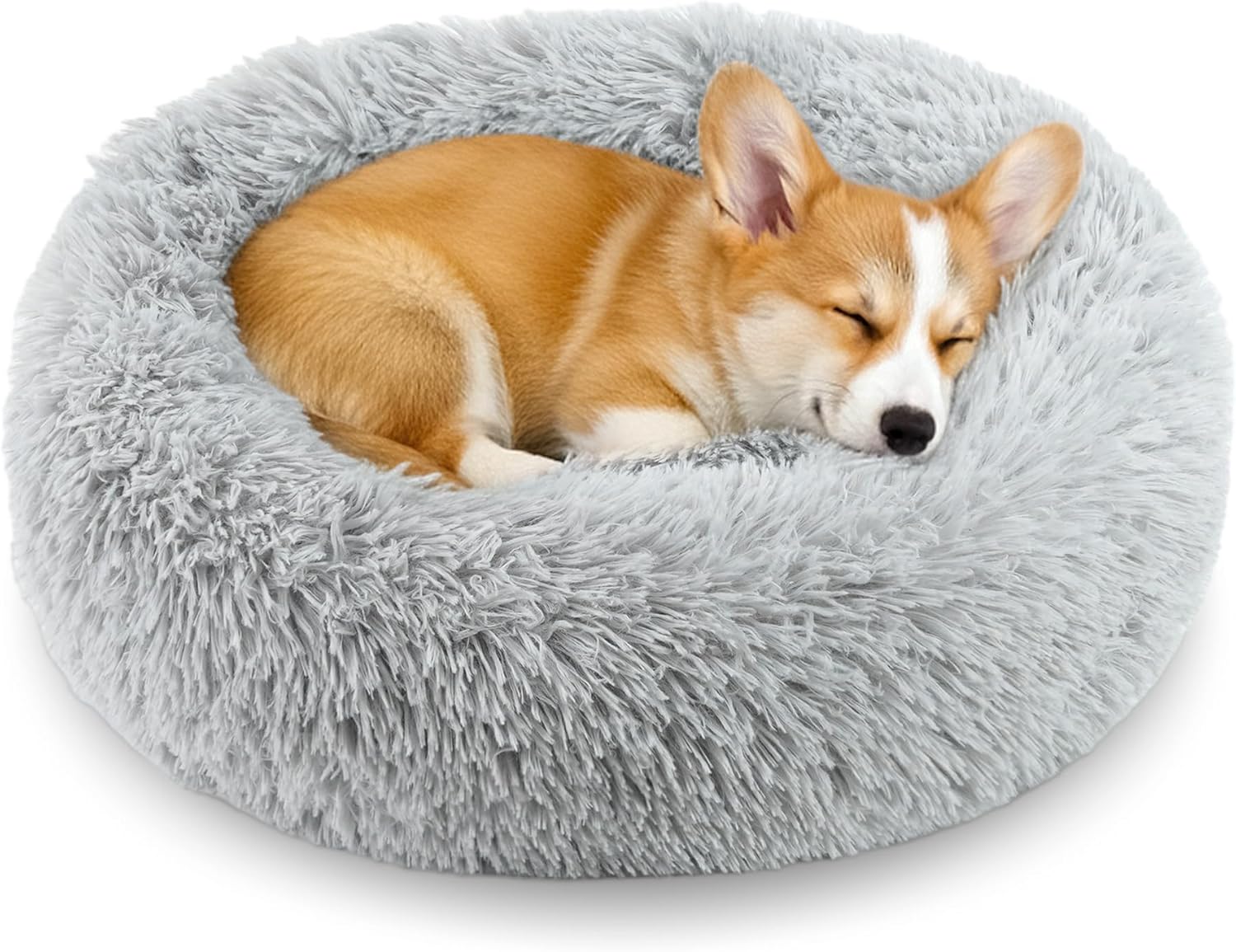 Calming Anti-Anxiety Donuts Dog And Cat Bed, Round Fluffy Soft Washable Small Medium Pet Bed For Puppy And Kitten, Cuddler Warming Comfortable Cushion, Luxury Anti-Slip Waterproof Mute Base 20in Gray