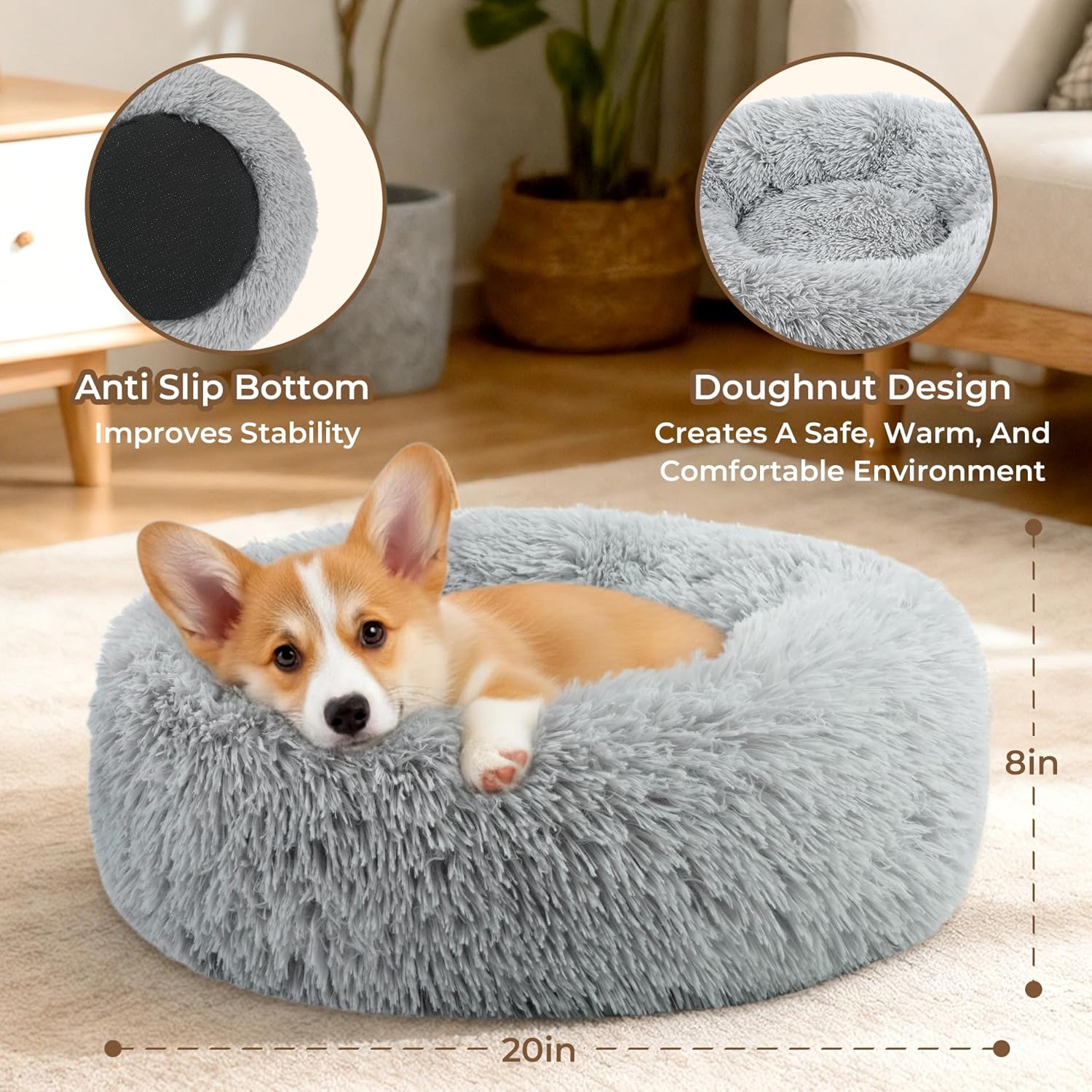 Calming Anti-Anxiety Donuts Dog And Cat Bed, Round Fluffy Soft Washable Small Medium Pet Bed For Puppy And Kitten, Cuddler Warming Comfortable Cushion, Luxury Anti-Slip Waterproof Mute Base 20in Gray