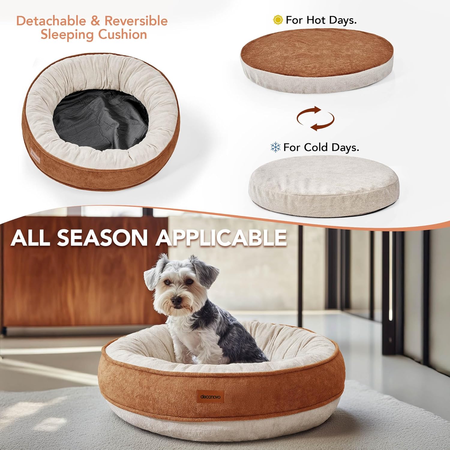 Deconovo Calming Dog Bed for Small Dogs - Waterproof Round Donut Pet Bed with Washable Cover, 26D Egg Crate Foam, Non-Slip Bottom, Anti-Tear Zipper for Indoor Use Brown 20x20x6 Inch