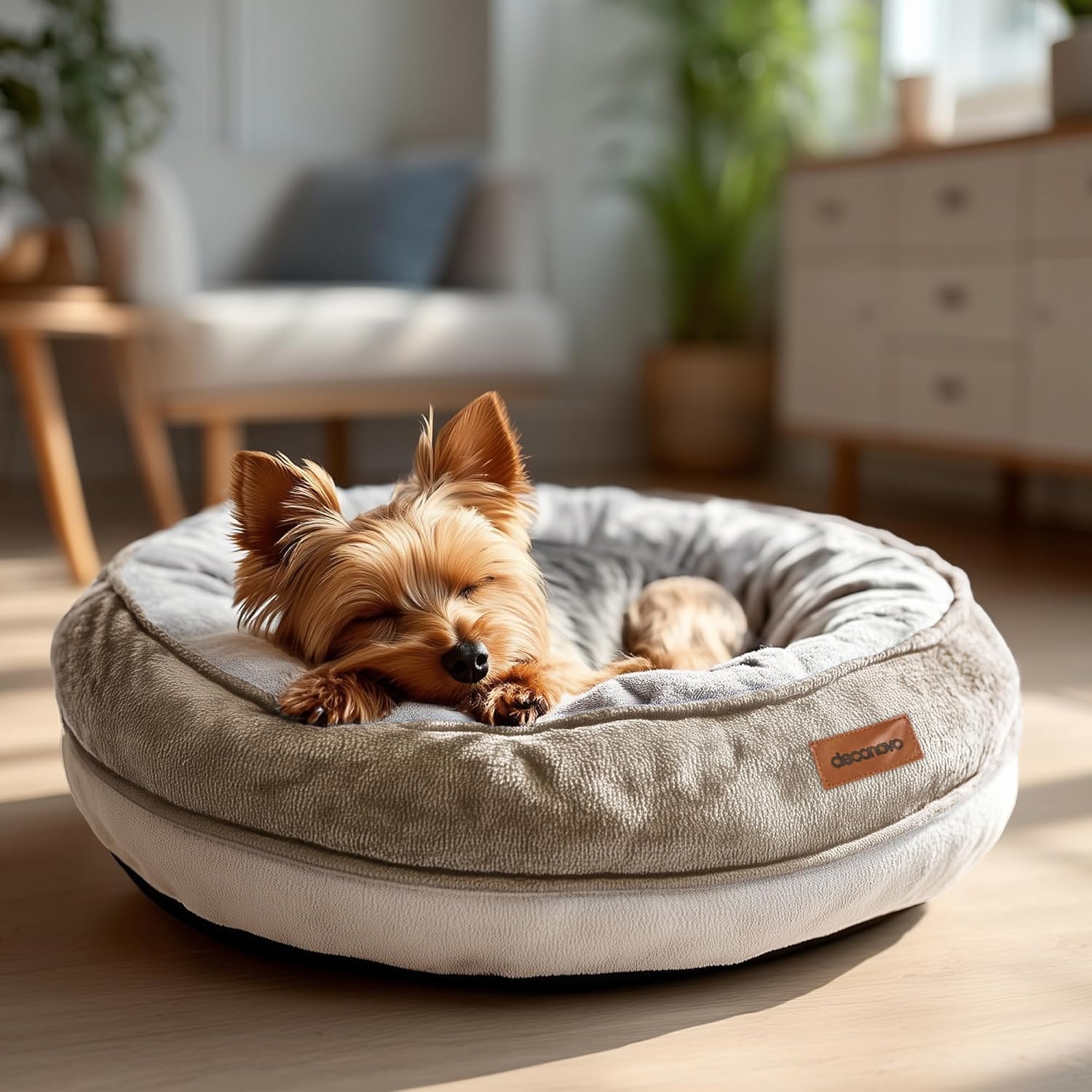 Deconovo Calming Dog Bed for Small Dogs - Waterproof Round Donut Pet Bed with Washable Cover, 26D Egg Crate Foam, Non-Slip Bottom, Anti-Tear Zipper for Indoor Use Brown 20x20x6 Inch