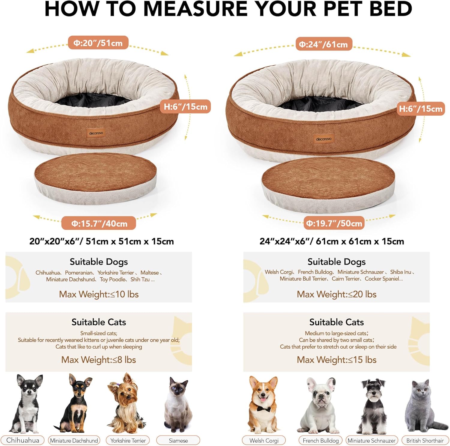 Deconovo Calming Dog Bed for Small Dogs - Waterproof Round Donut Pet Bed with Washable Cover, 26D Egg Crate Foam, Non-Slip Bottom, Anti-Tear Zipper for Indoor Use Brown 20x20x6 Inch