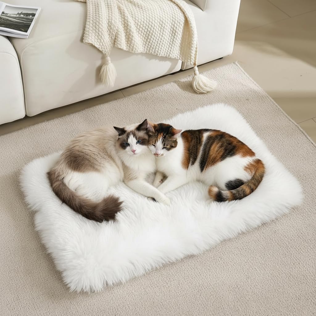 Self Warming Dog Cat Bed Mat 19.6x31.4 inch, Washable Soft Plush Faux Fur Fluffy Puppy Self Heating Pad Blanket for Indoor Pet Sleep Cushion White
