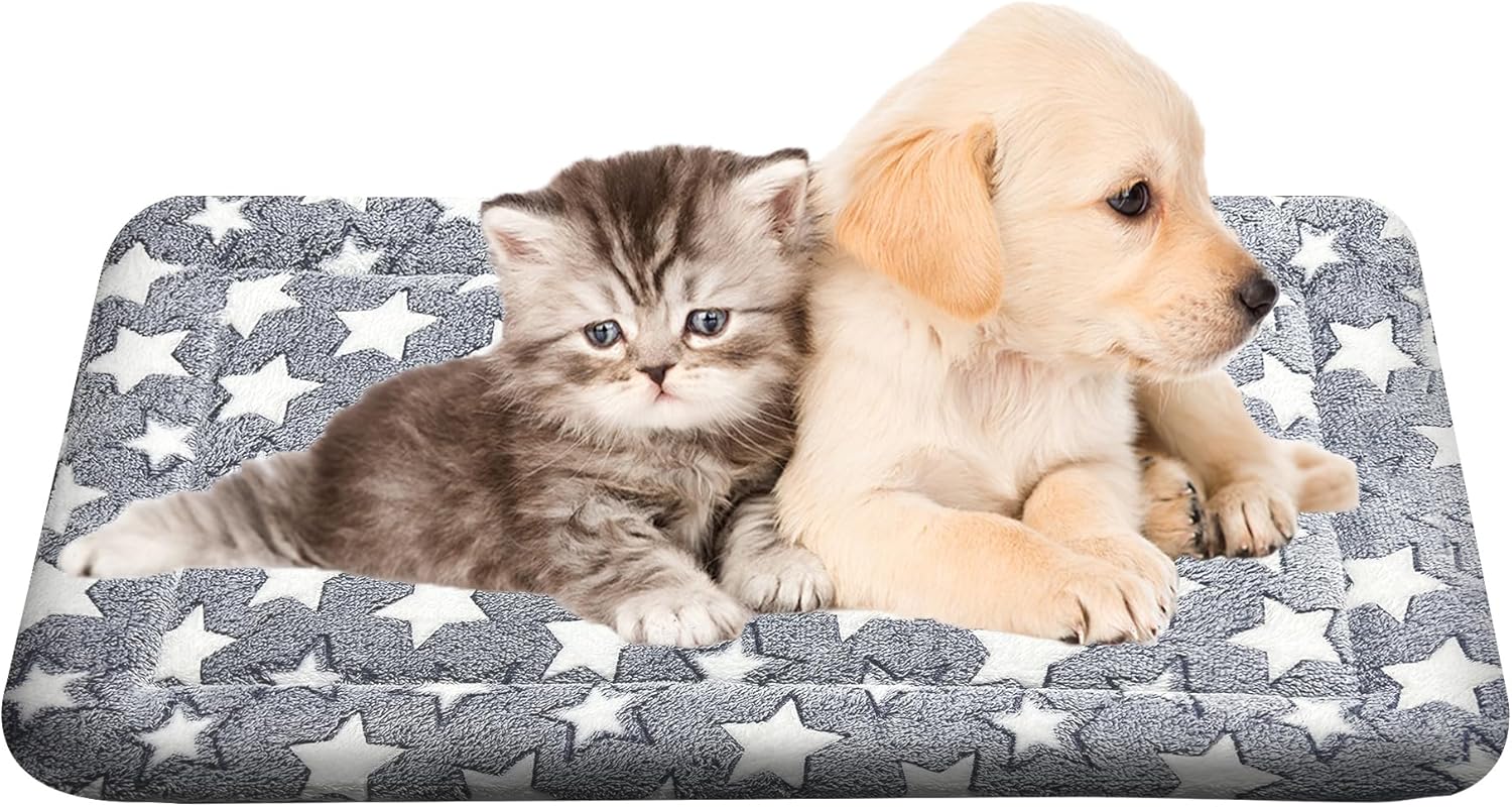 Washable Dog Bed Plush Orthopedic Outdoor Crate Mat with Non-Slip Bottom,Luxe Soft Kennel Pad for Pets, Cozy Cage Cushion  Pet Sleeping Mattress Large Sized,Medium,Small Dogs,24 x 18 inch,Gray