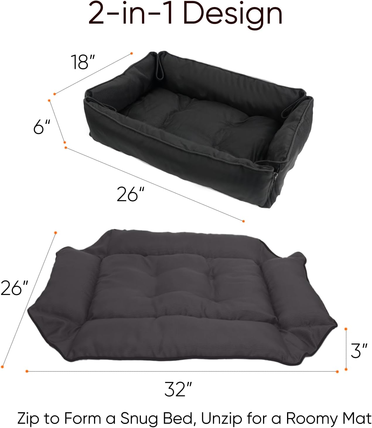 Waterproof Oxford Dog Bed, Foldable Crate Mat for Small Medium Dogs, Orthopedic Pet Cushion with PP Cotton, Chew Resistant, Anti-Slip Base, Indoor Outdoor Washable Portable Bed, Black