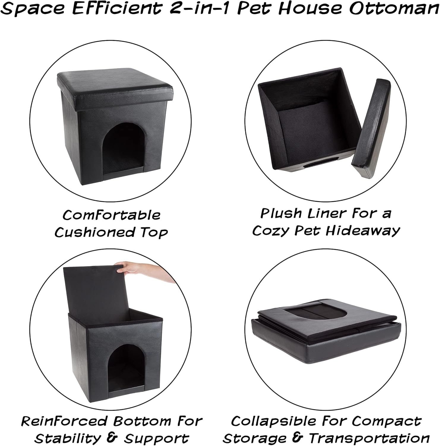 Cat House – Collapsible Multipurpose Small Dog or Cat Ottoman with Footrest, Cushioned Top, and Interior Pillow by PETMAKER (Black)