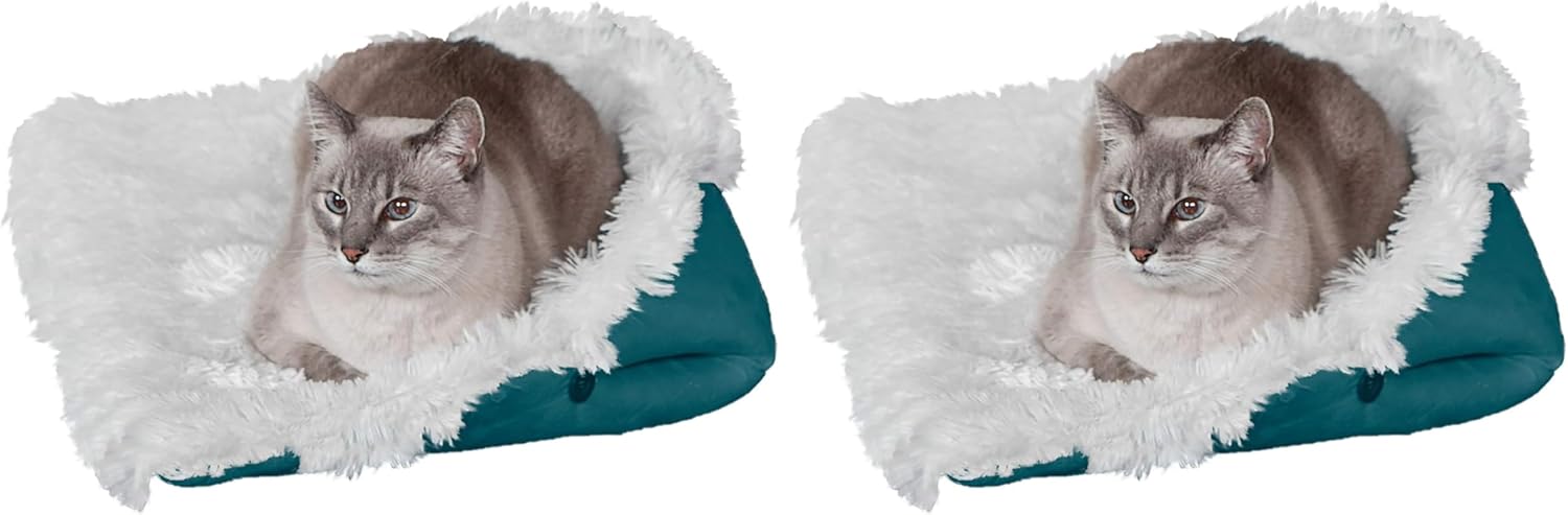 Furhaven Self-Warming Cat Bed for Indoor Cats, 4-Beds-in-1  Washable - Plush Long Faux Fur Convertible Cuddler - Spruce, Small