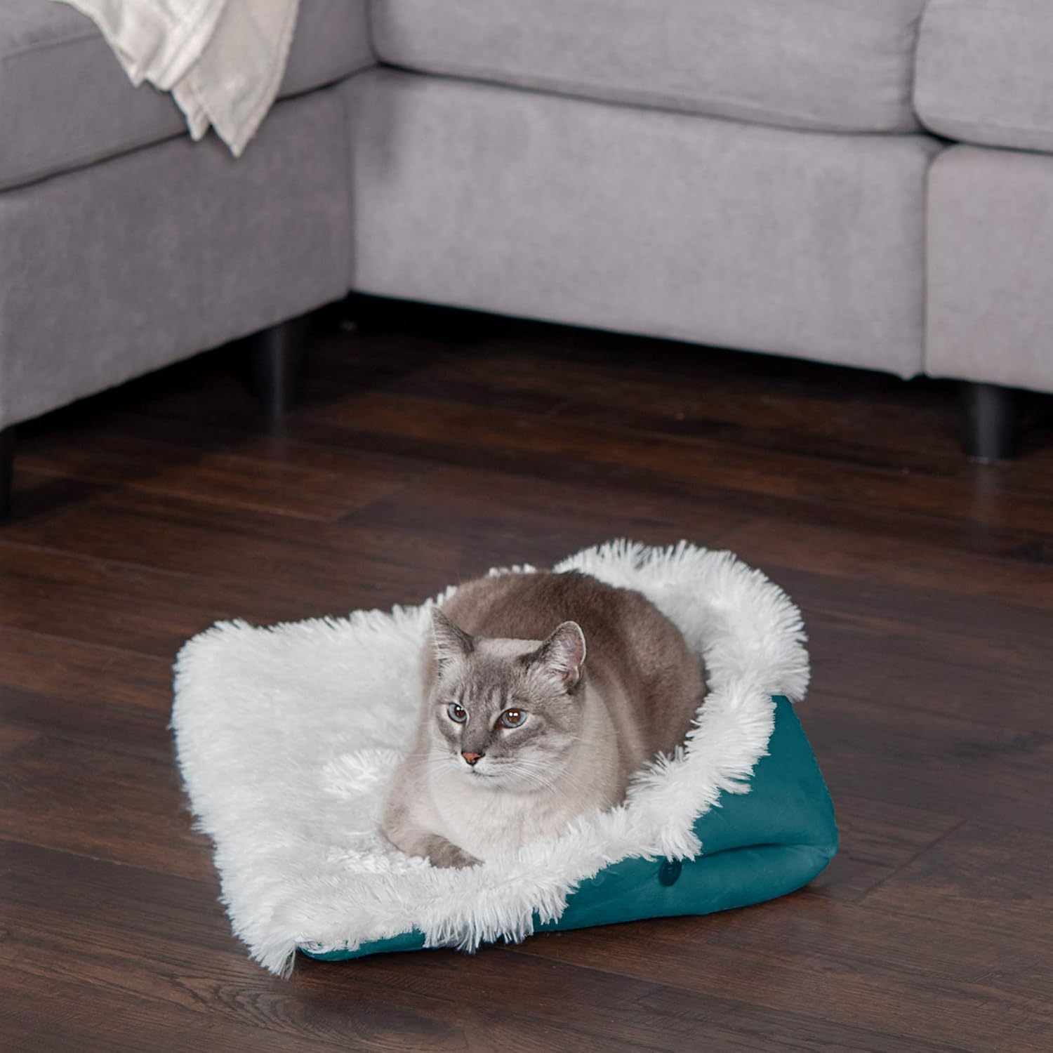 Furhaven Self-Warming Cat Bed for Indoor Cats, 4-Beds-in-1  Washable - Plush Long Faux Fur Convertible Cuddler - Spruce, Small