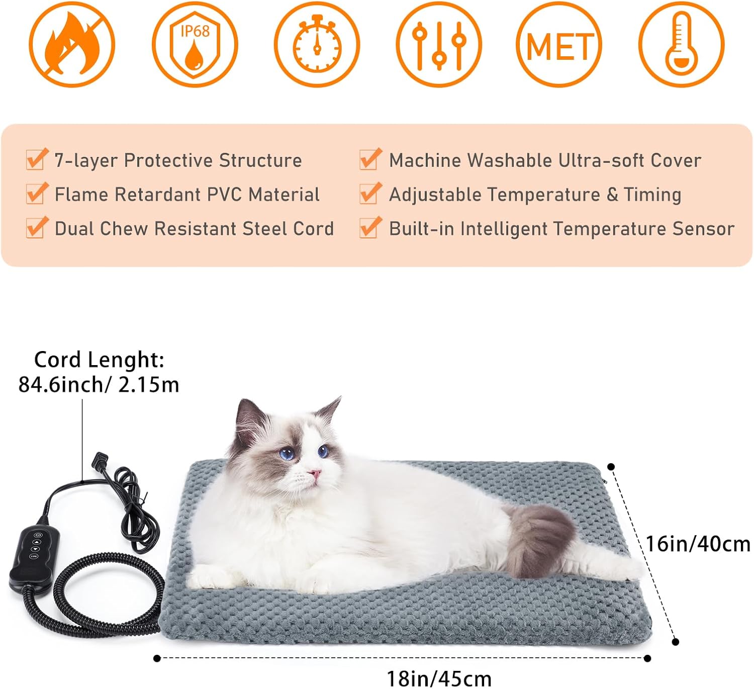 INVENHO Heated Cat Bed, Waterproof Adjustable Temperature Dog Cat Heating Pad with Timer, Indoor Pet Heating Pad for Cats Dogs Electric Pads for Dogs Cats, Pet Heated Pad (S: 18 x 16)