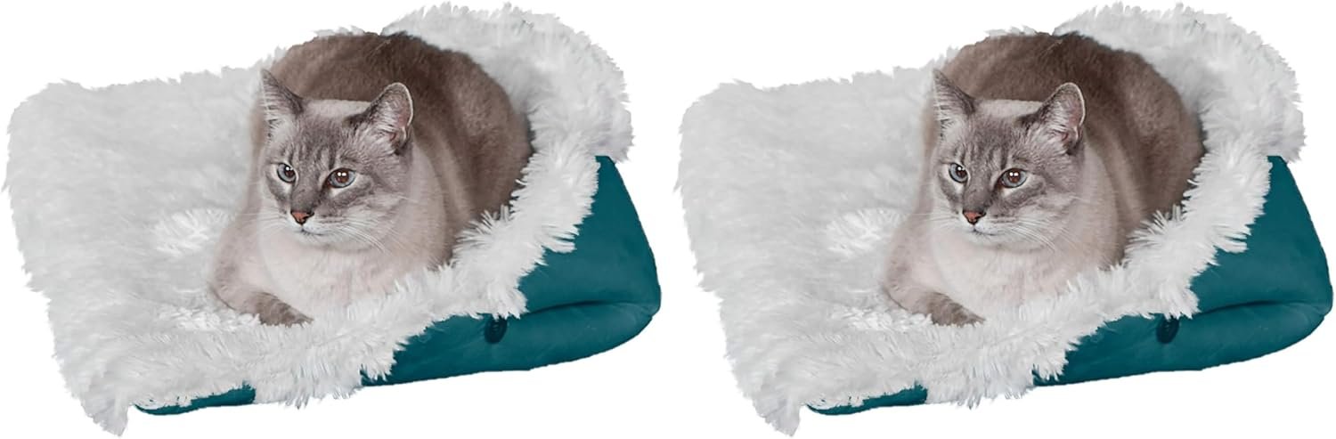 Furhaven Self-Warming Cat Bed for Indoor Cats, 4-Beds-in-1  Washable - Plush Long Faux Fur Convertible Cuddler - Spruce, Small