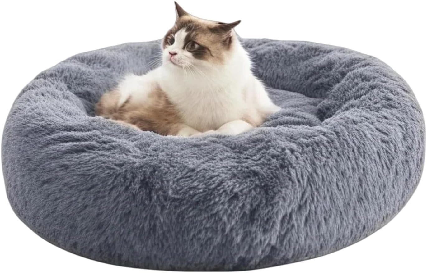SALAN Dog  Cat Bed for Indoor Cats, 16in Calming Donut Bed for Puppy and Kitten, Washable Round Fluffy Pet Bed for Small Medium Dogs and Cats.