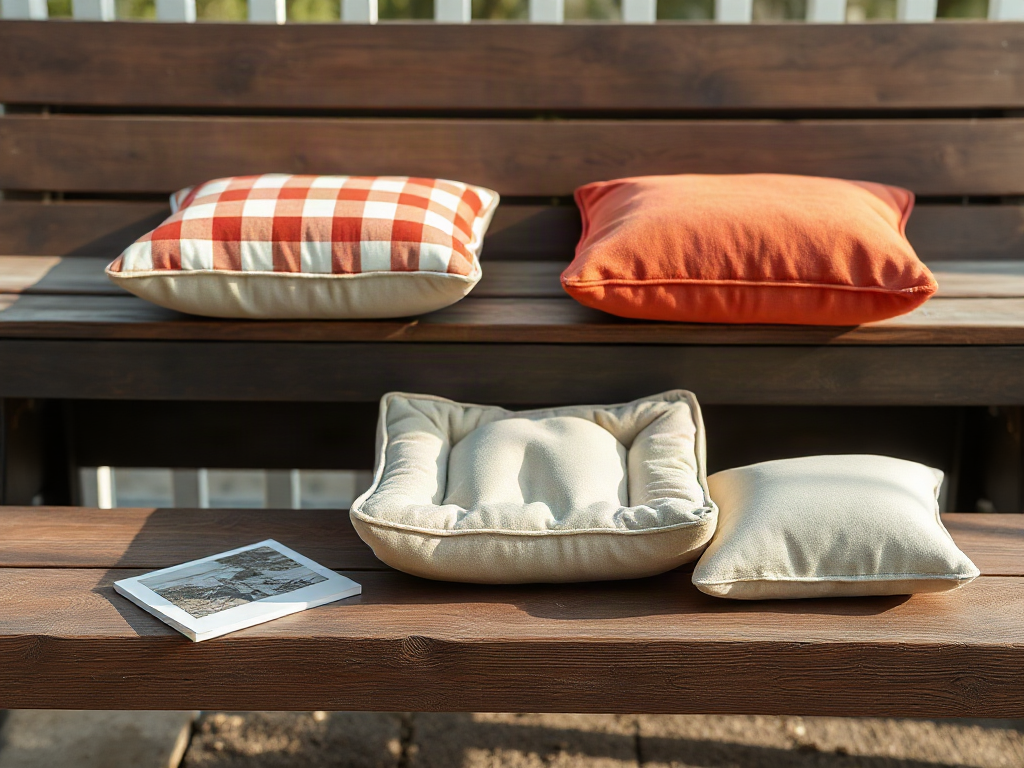 Three small pet cushions with cotton, foam, and polyester layers on a bench
