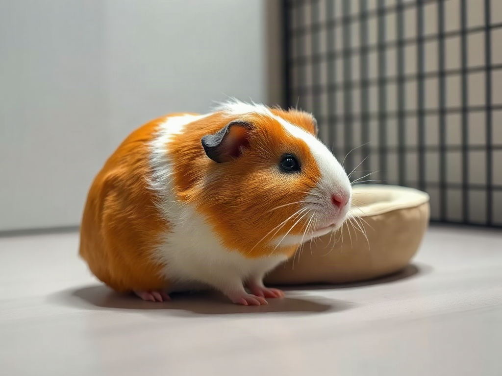Guinea pig beside a shallow padded bed on a flat enclosure floor