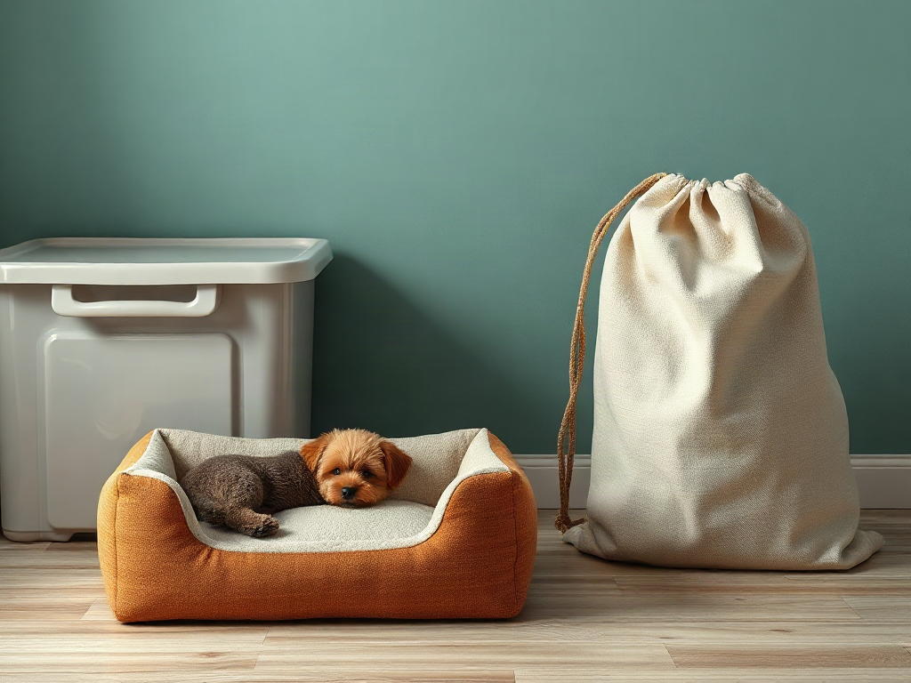 Clean small pet bed beside a labeled bin and breathable cotton storage bag