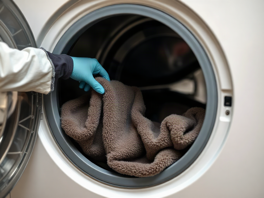 Gloved hands place a fleece cage liner beside an open washing machine