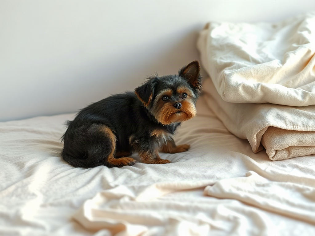 Small pet on a pale cotton-covered bed beside folded replacement covers