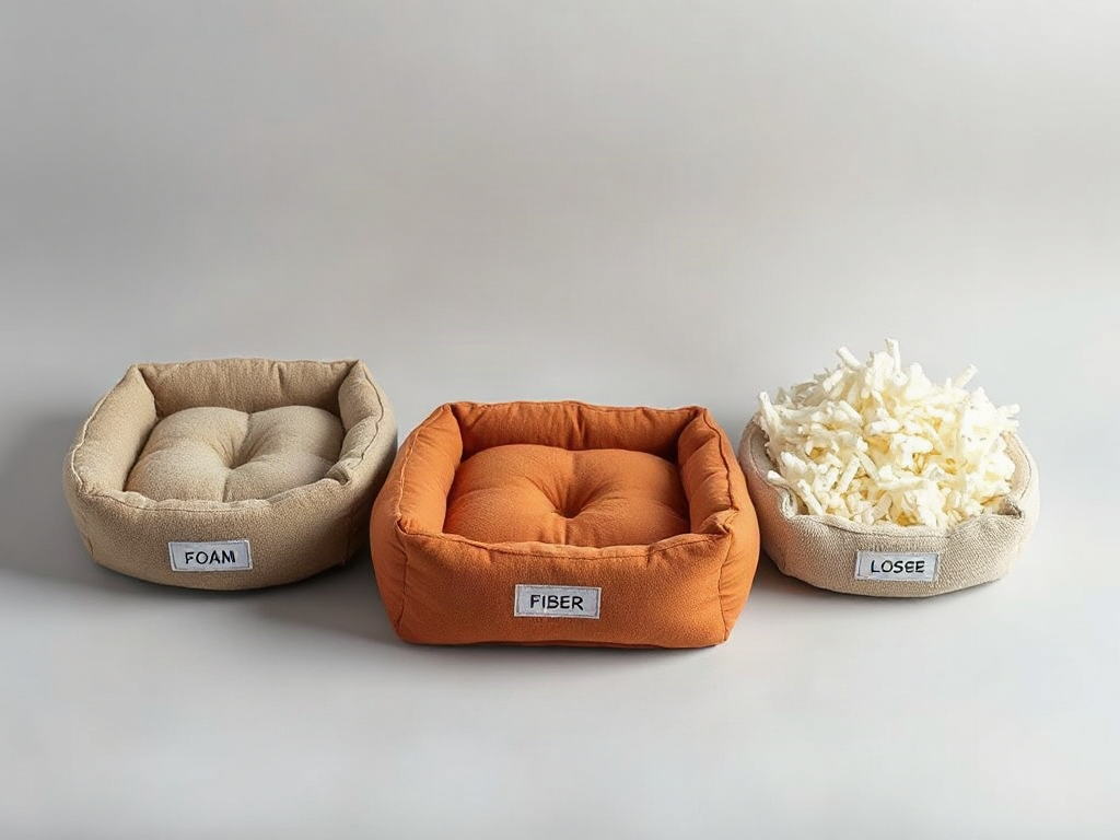 Three small pet beds beside labeled foam, fiber, and loose filling samples