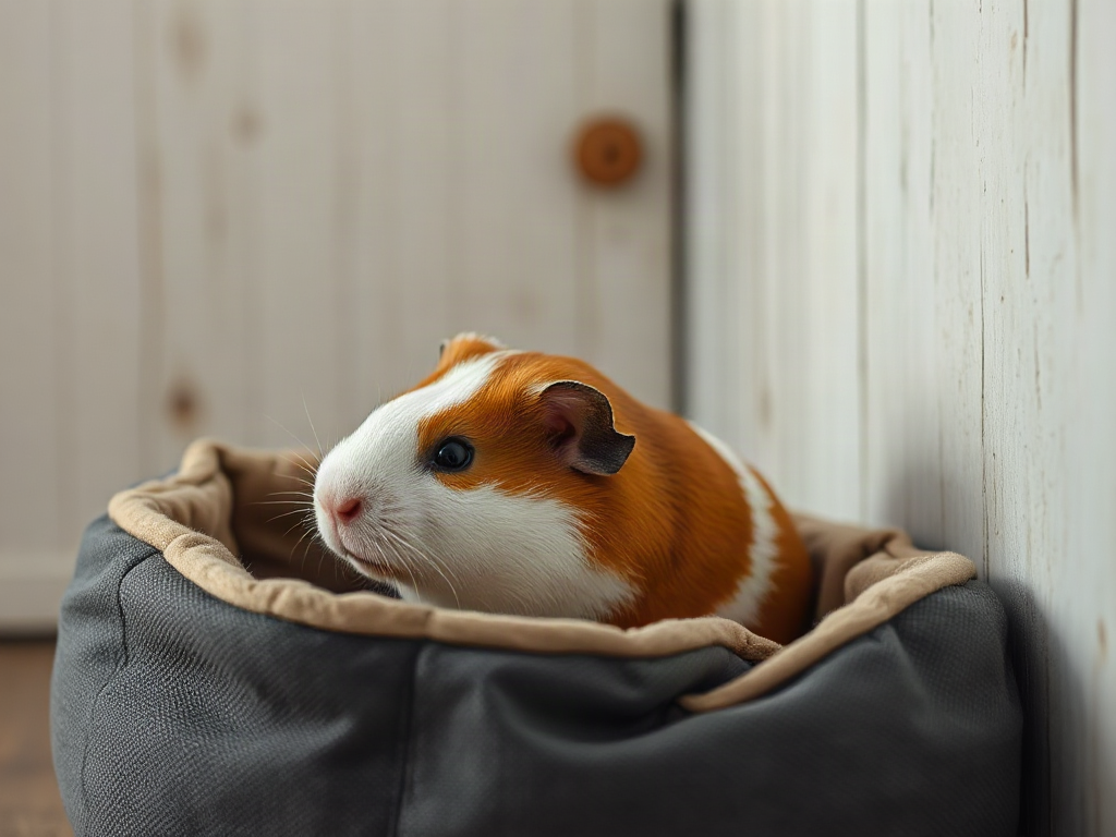Guinea pig resting in a fabric bed beside a sheltered enclosure wall